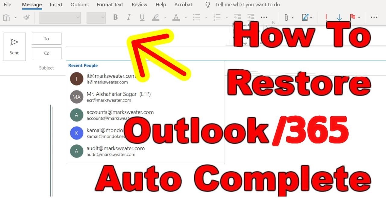 restore Outlook auto complete contacts